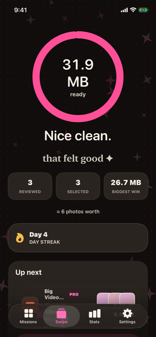 Session results — space freed, photos reviewed, and your day streak