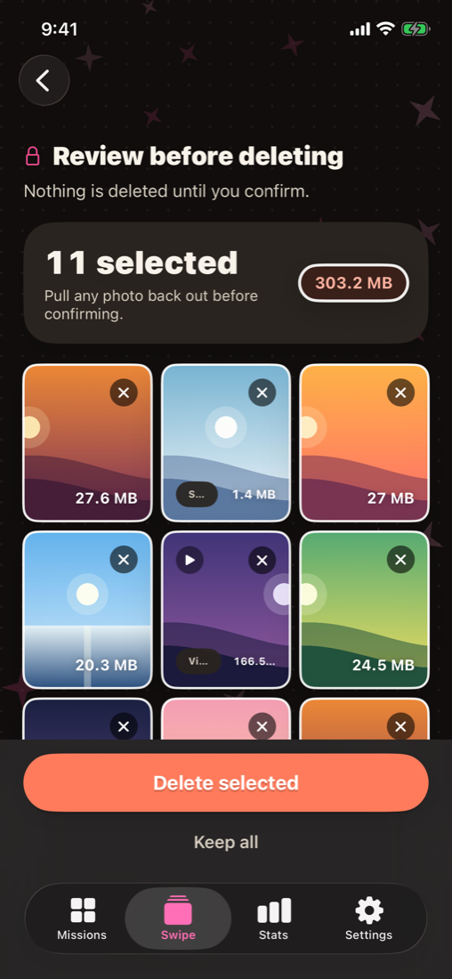 Review selected photos before deleting — nothing is removed until you confirm