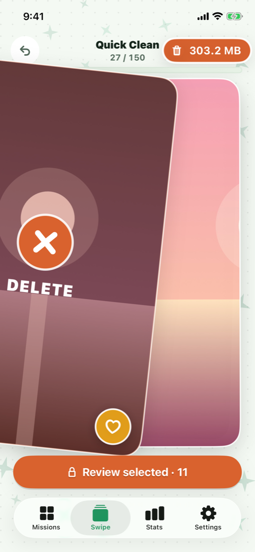 Swipe left to mark a photo for deletion in a Quick Clean session