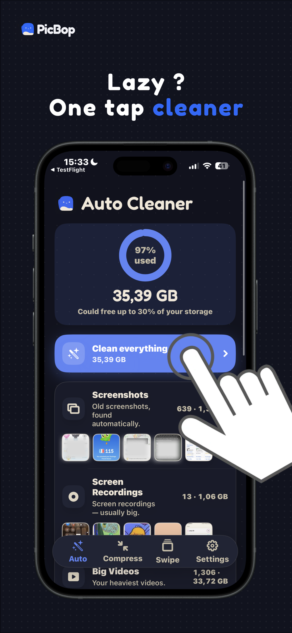 Auto Cleaner finds screenshots, screen recordings and big videos in one tap