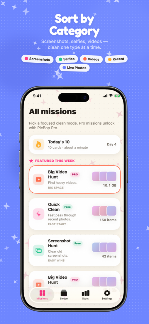 Sort and clean by category — screenshots, selfies, videos