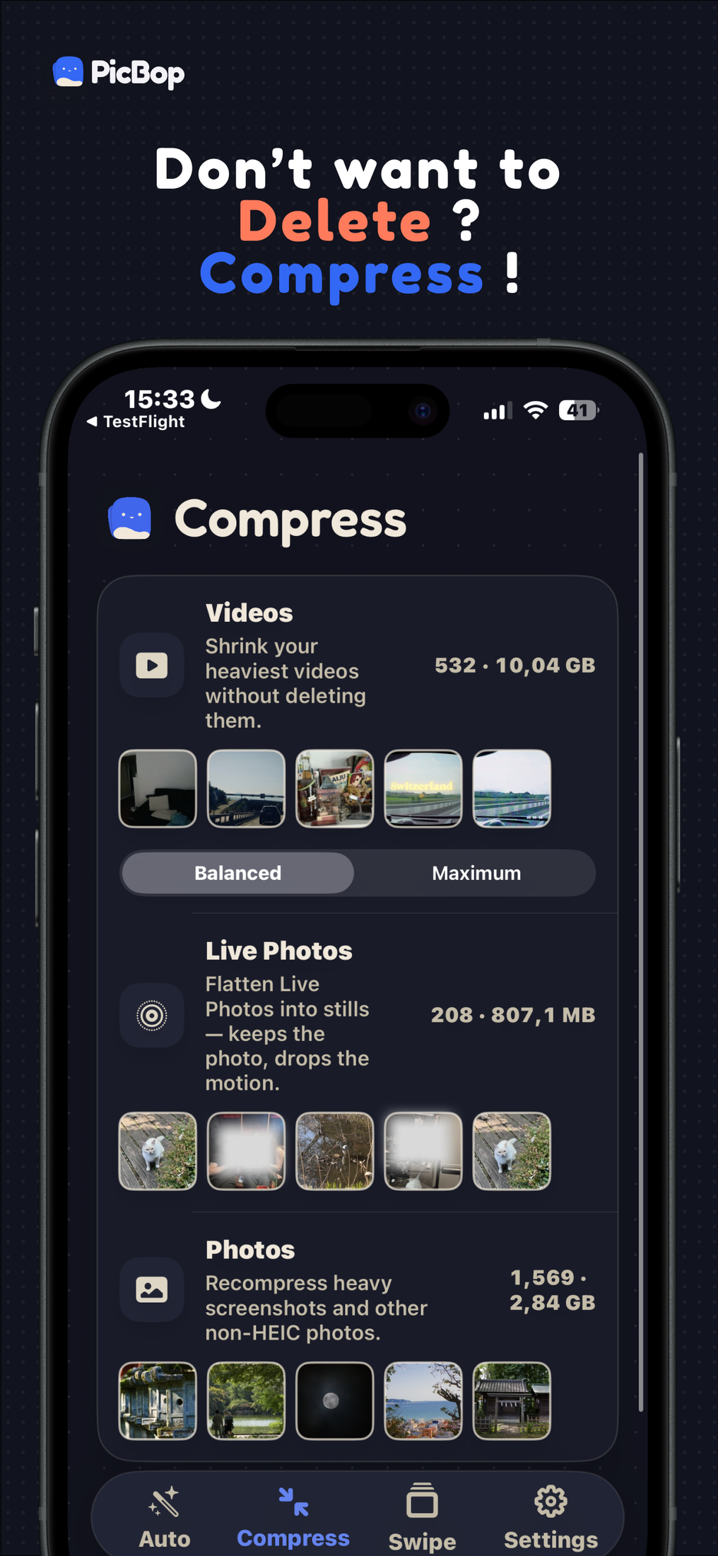 Compress shrinks videos, Live Photos and heavy screenshots