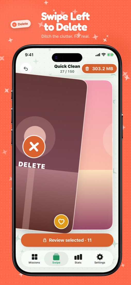Swipe left to mark a photo for deletion