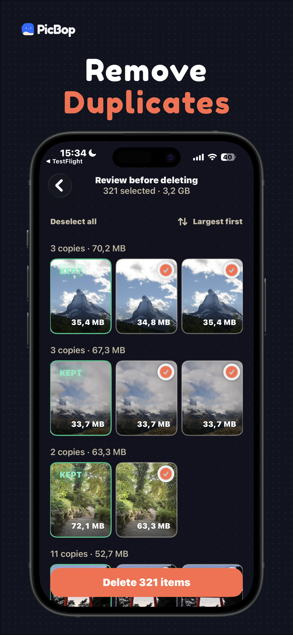 Duplicate detection groups identical copies so you keep one