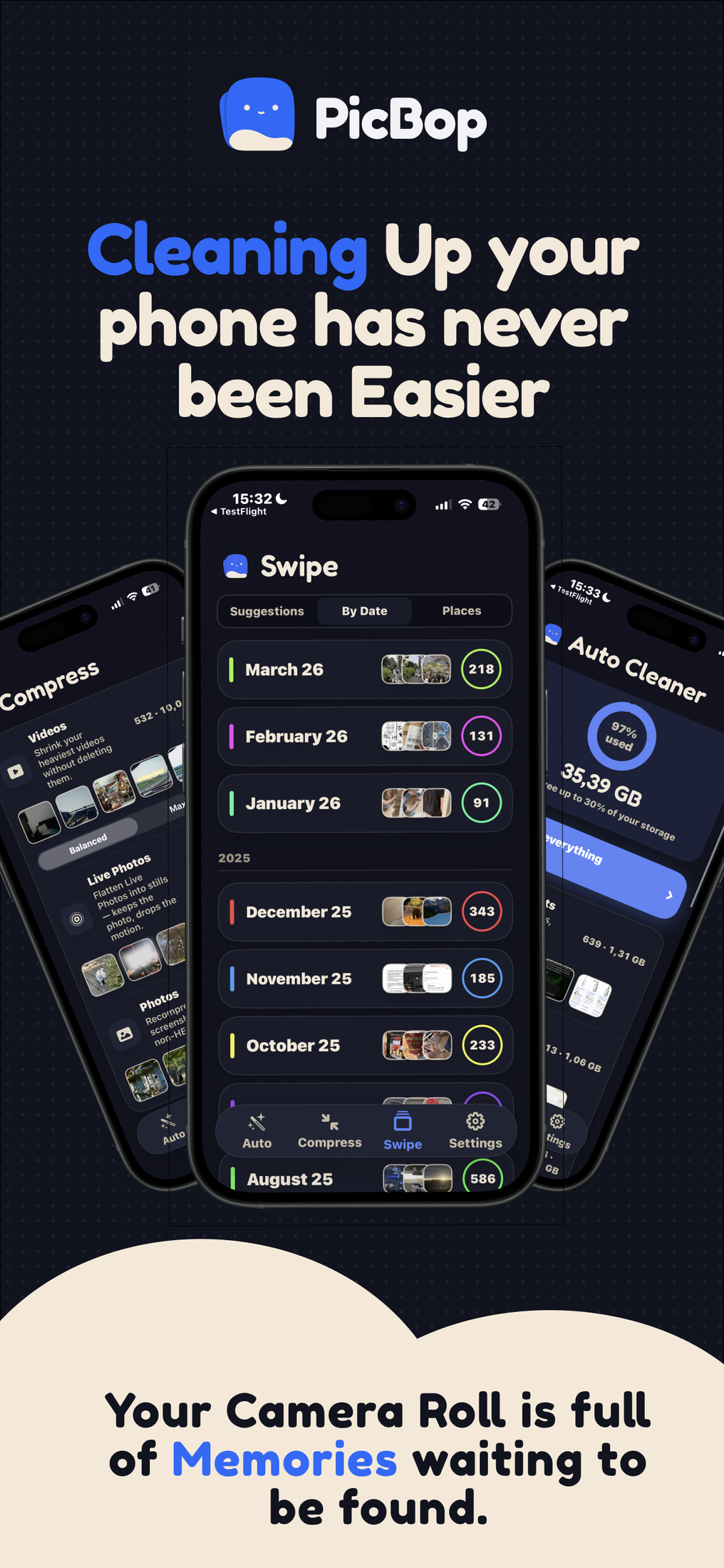 PicBop home — swipe sessions grouped by month, with Auto Cleaner alongside